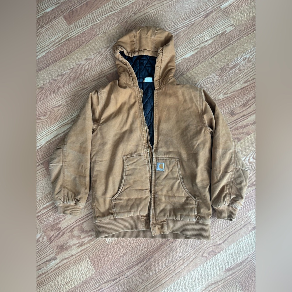 Carhartt Brown Hooded Jacket Kids XL / Women Small Quilted Lined Workwear Coat